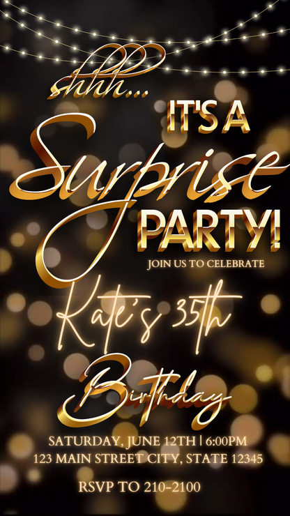 Surprise Birthday Video Invitation | Animated Gold Bokeh Digital Evite | Editable Canva Invite Template