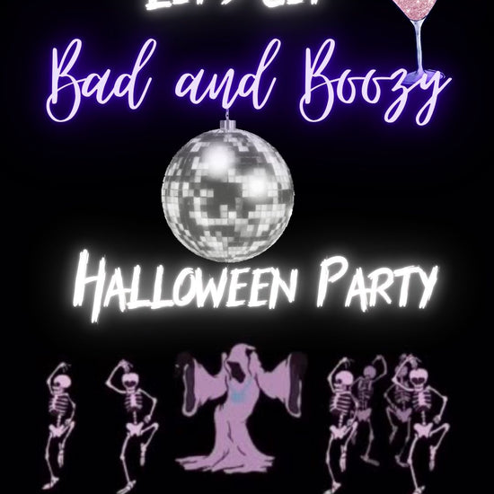 Editable neon boozy halloween party party video invitation displayed on a mobile phone, featuring an animated vertical digital invite with music, created in Canva. This premium video invitation template is designed for sharing by text, email, and social media and works with an interactive RSVP website for easy guest response tracking.