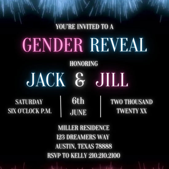 Editable fireworks gender reveal event video invitation displayed on a mobile phone, featuring an animated vertical digital invite with music, created in Canva. This premium video invitation template is designed for sharing by text, email, and social media and works with an interactive RSVP website for easy guest response tracking.