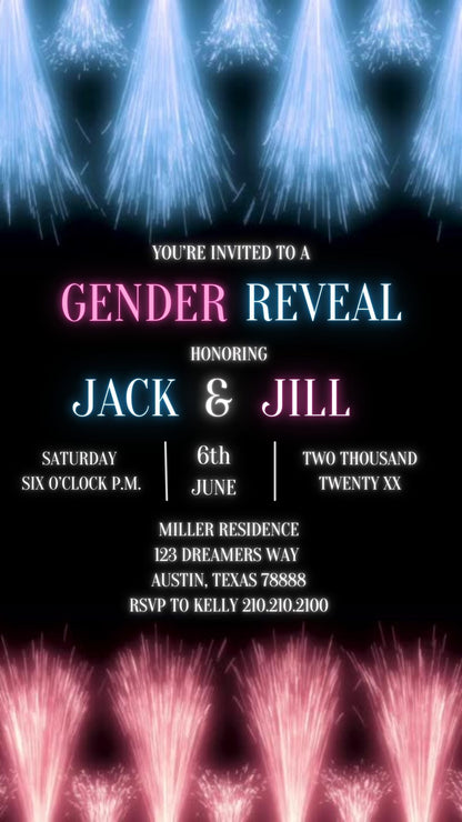 Editable fireworks gender reveal event video invitation displayed on a mobile phone, featuring an animated vertical digital invite with music, created in Canva. This premium video invitation template is designed for sharing by text, email, and social media and works with an interactive RSVP website for easy guest response tracking.