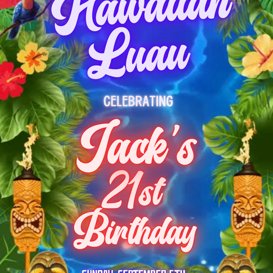 Hawaiian Luau party video invitation with tropical flowers and palms