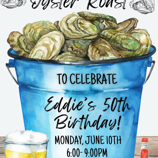 Editable oyster roast birthday party birthday video invitation displayed on a mobile phone, featuring an animated vertical digital invite with music, created in Canva. This premium video invitation template is designed for sharing by text, email, and social media and works with an interactive RSVP website for easy guest response tracking.