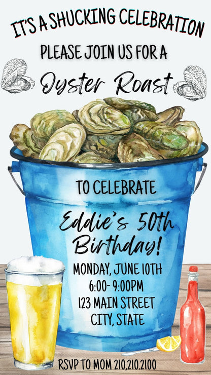 Editable oyster roast birthday party birthday video invitation displayed on a mobile phone, featuring an animated vertical digital invite with music, created in Canva. This premium video invitation template is designed for sharing by text, email, and social media and works with an interactive RSVP website for easy guest response tracking.