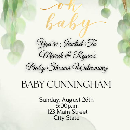 Editable greenery baby shower baby shower video invitation displayed on a mobile phone, featuring an animated vertical digital invite with music, created in Canva. This premium video invitation template is designed for sharing by text, email, and social media and works with an interactive RSVP website for easy guest response tracking.