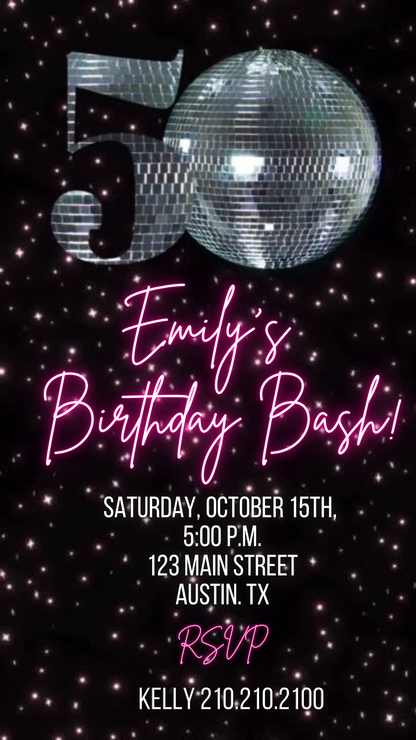 50th Disco Video Birthday Invite Editable Party