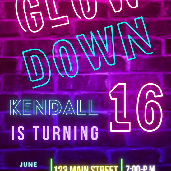 Editable neon glow brick sweet 16 birthday video invitation displayed on a mobile phone, featuring an animated vertical digital invite with music, created in Canva. This premium video invitation template is designed for sharing by text, email, and social media and works with an interactive RSVP website for easy guest response tracking.