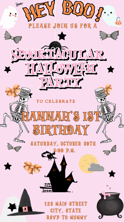 Halloween Video Invitation, Pink Halloween Animated Invite, Editable Halloween Party Mobile Evite