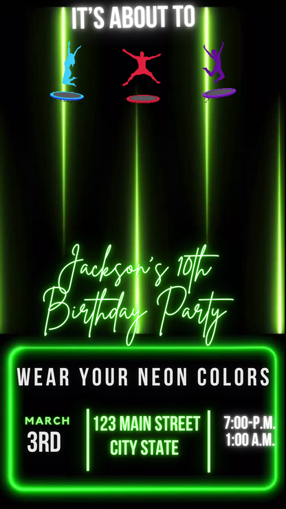 Neon Jump Party video invitation with trampoline glow graphics