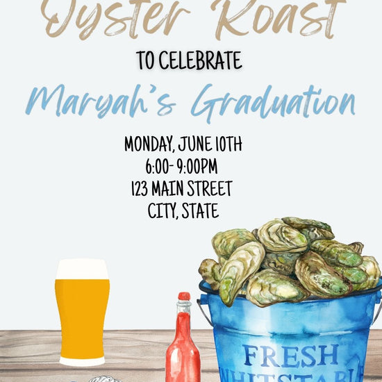 Editable oyster roast graduation party graduation video invitation displayed on a mobile phone, featuring an animated vertical digital invite with music, created in Canva. This premium video invitation template is designed for sharing by text, email, and social media and works with an interactive RSVP website for easy guest response tracking.