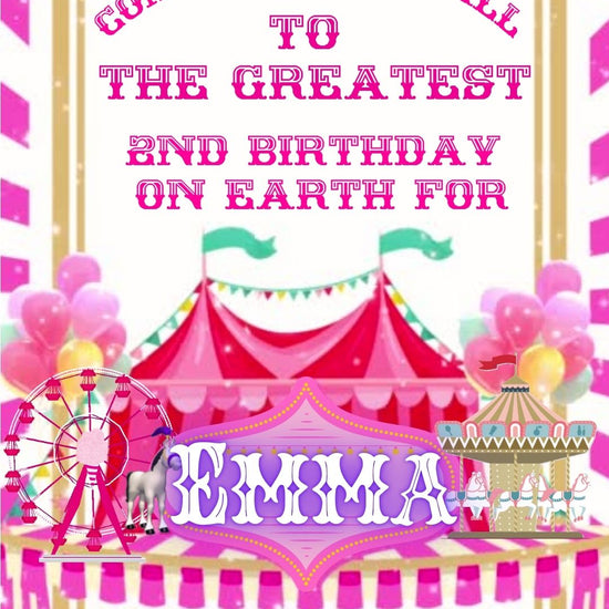 Editable pink circus 2nd birthday birthday video invitation displayed on a mobile phone, featuring an animated vertical digital invite with music, created in Canva. This premium video invitation template is designed for sharing by text, email, and social media and works with an interactive RSVP website for easy guest response tracking.