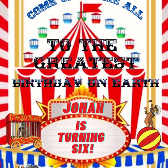 Editable red circus 6th birthday birthday video invitation displayed on a mobile phone, featuring an animated vertical digital invite with music, created in Canva. This premium video invitation template is designed for sharing by text, email, and social media and works with an interactive RSVP website for easy guest response tracking.