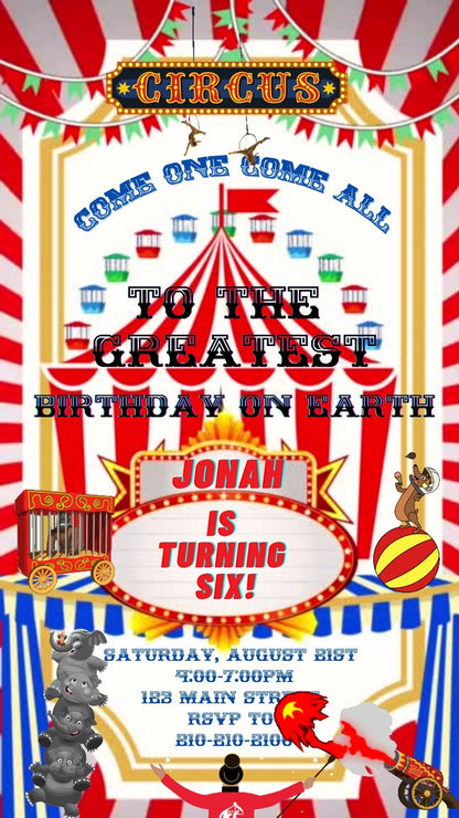 Editable red circus 6th birthday birthday video invitation displayed on a mobile phone, featuring an animated vertical digital invite with music, created in Canva. This premium video invitation template is designed for sharing by text, email, and social media and works with an interactive RSVP website for easy guest response tracking.