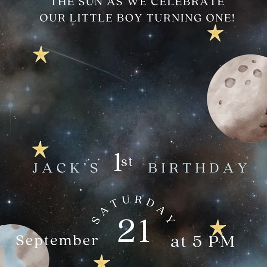 Editable space 1st birthday birthday video invitation displayed on a mobile phone, featuring an animated vertical digital invite with music, created in Canva. This premium video invitation template is designed for sharing by text, email, and social media and works with an interactive RSVP website for easy guest response tracking.