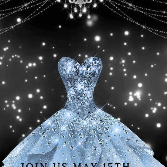 Black and silver quinceanera video invitation editable Canva template featuring princess gown chandelier elegant sweet 15 digital invitation luxury party invite mobile friendly