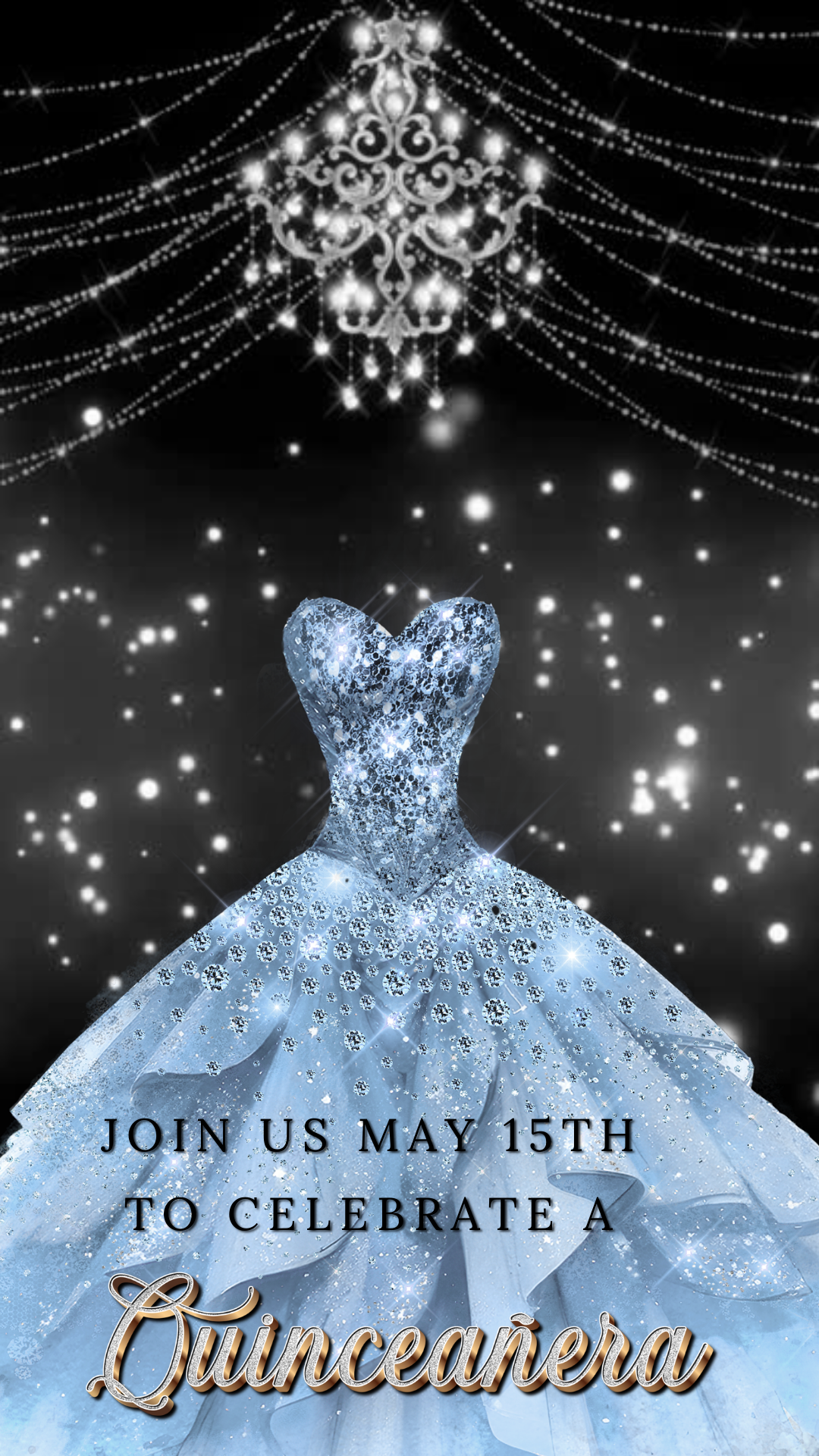Black and silver quinceanera video invitation editable Canva template featuring princess gown chandelier elegant sweet 15 digital invitation luxury party invite mobile friendly