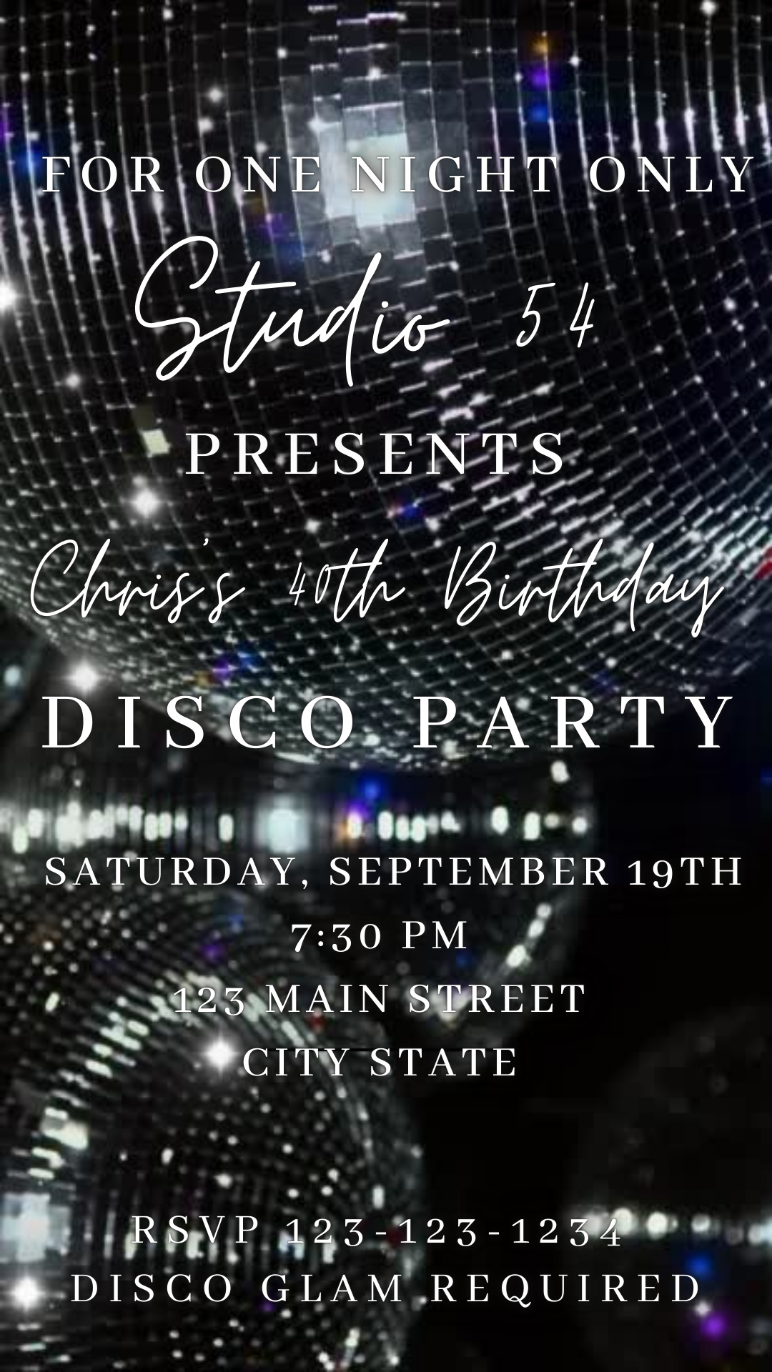 Silver Disco Balls party video invitation with shimmering disco graphics