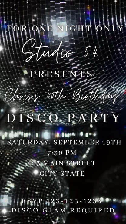 Silver Disco Balls party video invitation with shimmering disco graphics