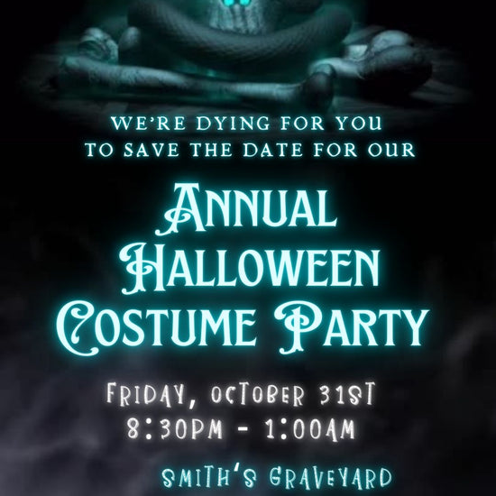 Editable spooky halloween costume party party video invitation displayed on a mobile phone, featuring an animated vertical digital invite with music, created in Canva. This premium video invitation template is designed for sharing by text, email, and social media and works with an interactive RSVP website for easy guest response tracking.
