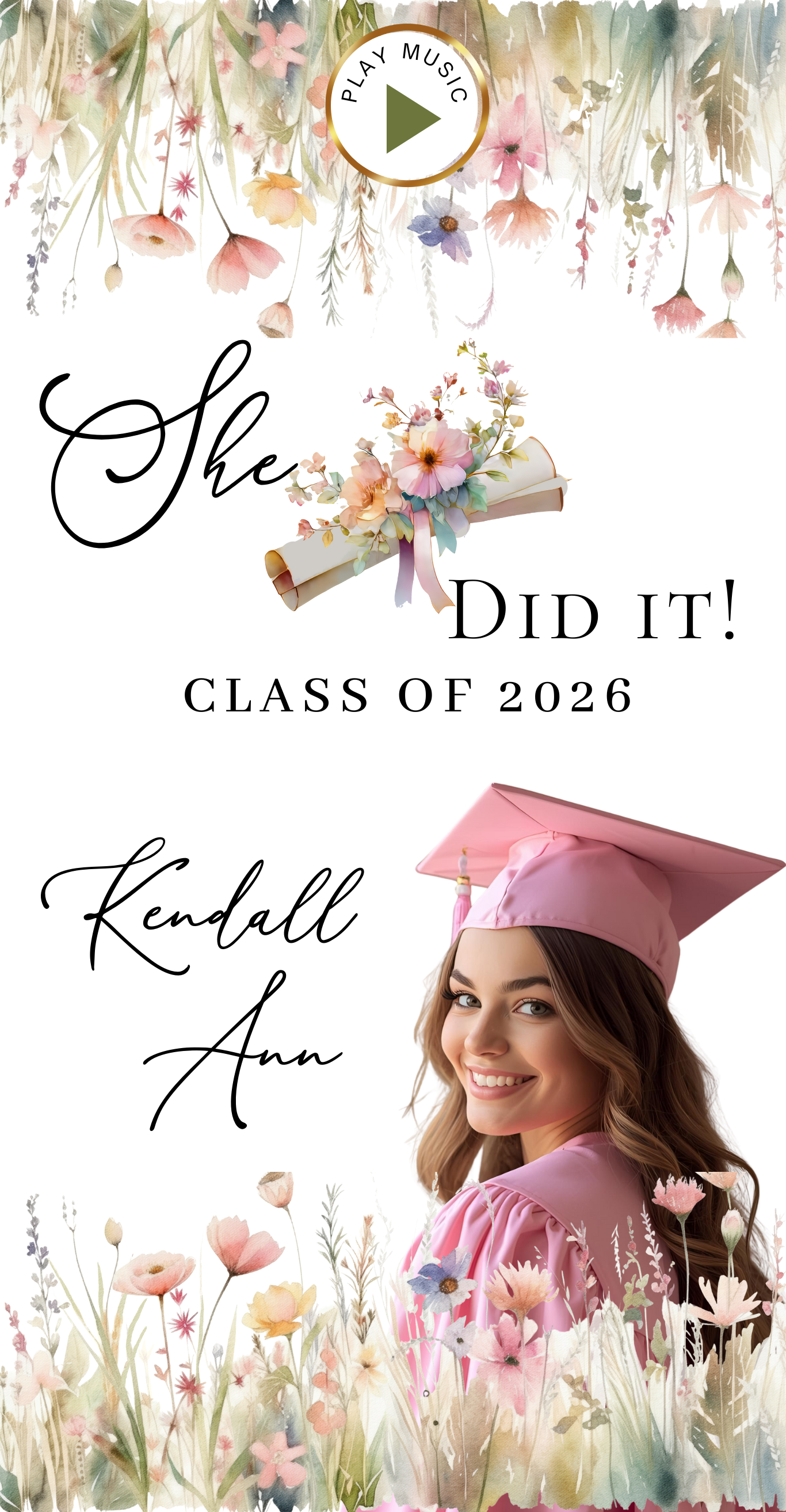 Celebrate your graduate in style with this elegant Class of 2026 Graduation animated video invitation and RSVP website! Guests can tap to play your video invite, explore event details, view the countdown, and RSVP directly from the page. Featuring a spring floral template and graduation cap. This animated graduation website invite is perfect for high school or college graduation parties and is designed to impress while being incredibly easy to customize.