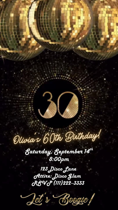Editable gold disco ball 30th birthday video invitation displayed on a mobile phone, featuring an animated vertical digital invite with music, created in Canva. This premium video invitation template is designed for sharing by text, email, and social media and works with an interactive RSVP website for easy guest response tracking.