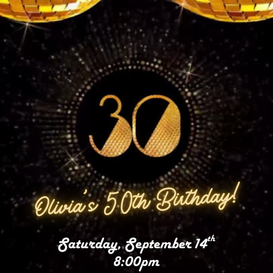 Editable gold disco 30th birthday video invitation displayed on a mobile phone, featuring an animated vertical digital invite with music, created in Canva. This premium video invitation template is designed for sharing by text, email, and social media and works with an interactive RSVP website for easy guest response tracking.