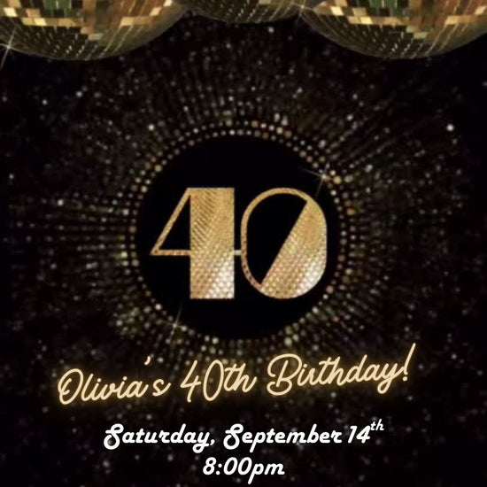 Editable black gold studio 40th birthday video invitation displayed on a mobile phone, featuring an animated vertical digital invite with music, created in Canva. This premium video invitation template is designed for sharing by text, email, and social media and works with an interactive RSVP website for easy guest response tracking.