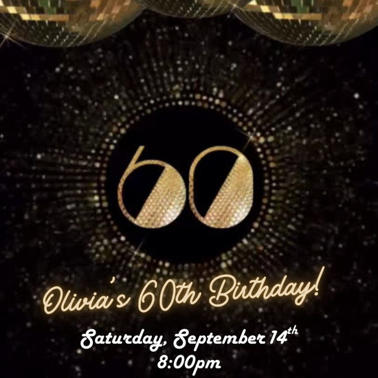 Editable gold disco 60th birthday video invitation displayed on a mobile phone, featuring an animated vertical digital invite with music, created in Canva. This premium video invitation template is designed for sharing by text, email, and social media and works with an interactive RSVP website for easy guest response tracking.