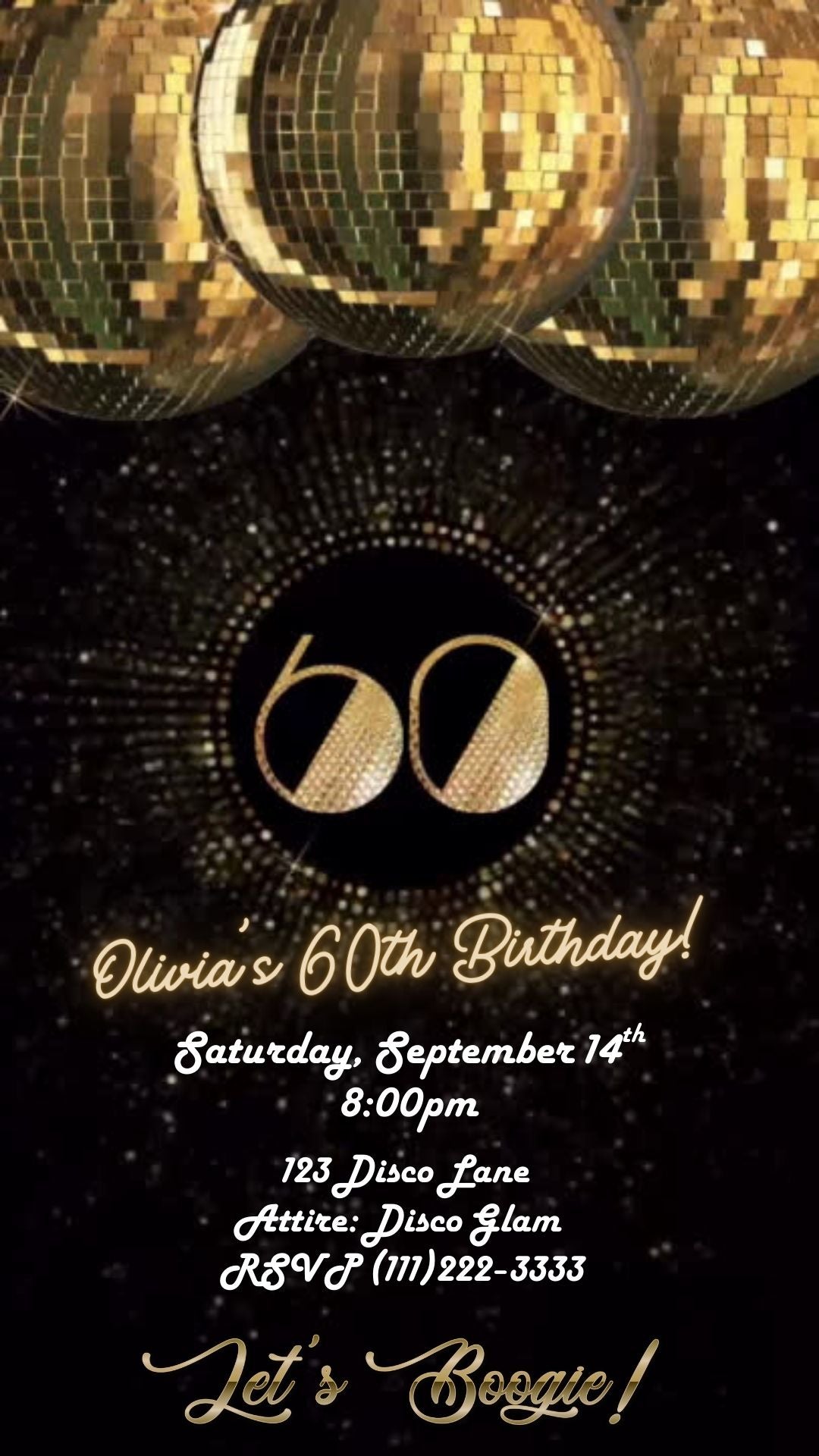 Editable gold disco 60th birthday video invitation displayed on a mobile phone, featuring an animated vertical digital invite with music, created in Canva. This premium video invitation template is designed for sharing by text, email, and social media and works with an interactive RSVP website for easy guest response tracking.