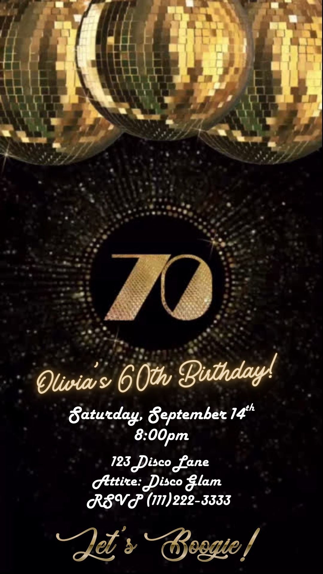 Editable black gold glitter 70th birthday video invitation displayed on a mobile phone, featuring an animated vertical digital invite with music, created in Canva. This premium video invitation template is designed for sharing by text, email, and social media and works with an interactive RSVP website for easy guest response tracking.