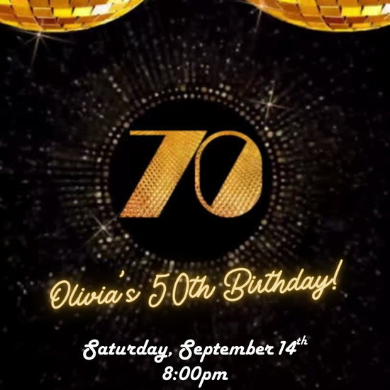 Editable gold disco 70th birthday video invitation displayed on a mobile phone, featuring an animated vertical digital invite with music, created in Canva. This premium video invitation template is designed for sharing by text, email, and social media and works with an interactive RSVP website for easy guest response tracking.