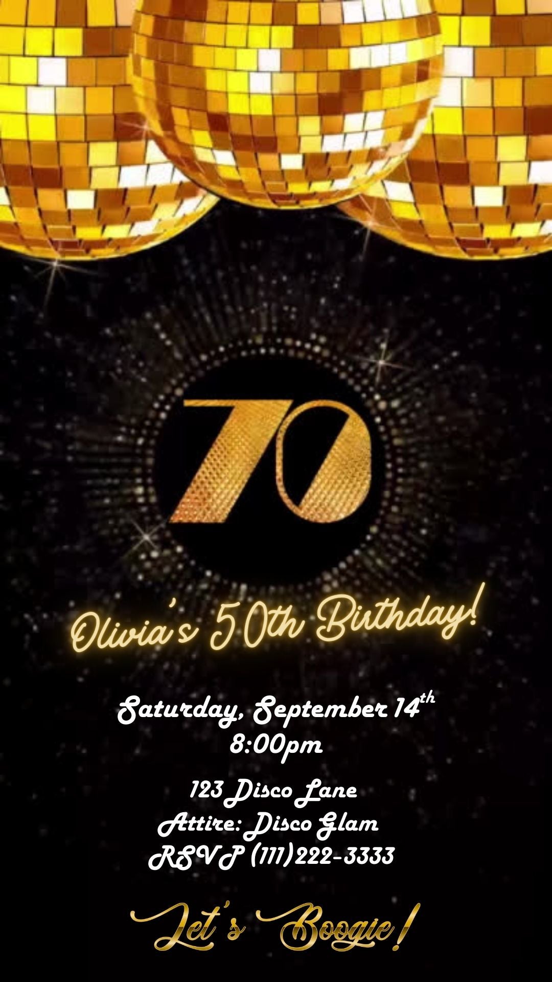 Editable gold disco 70th birthday video invitation displayed on a mobile phone, featuring an animated vertical digital invite with music, created in Canva. This premium video invitation template is designed for sharing by text, email, and social media and works with an interactive RSVP website for easy guest response tracking.