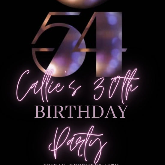 Editable subtle disco 54th birthday video invitation displayed on a mobile phone, featuring an animated vertical digital invite with music, created in Canva. This premium video invitation template is designed for sharing by text, email, and social media and works with an interactive RSVP website for easy guest response tracking.
