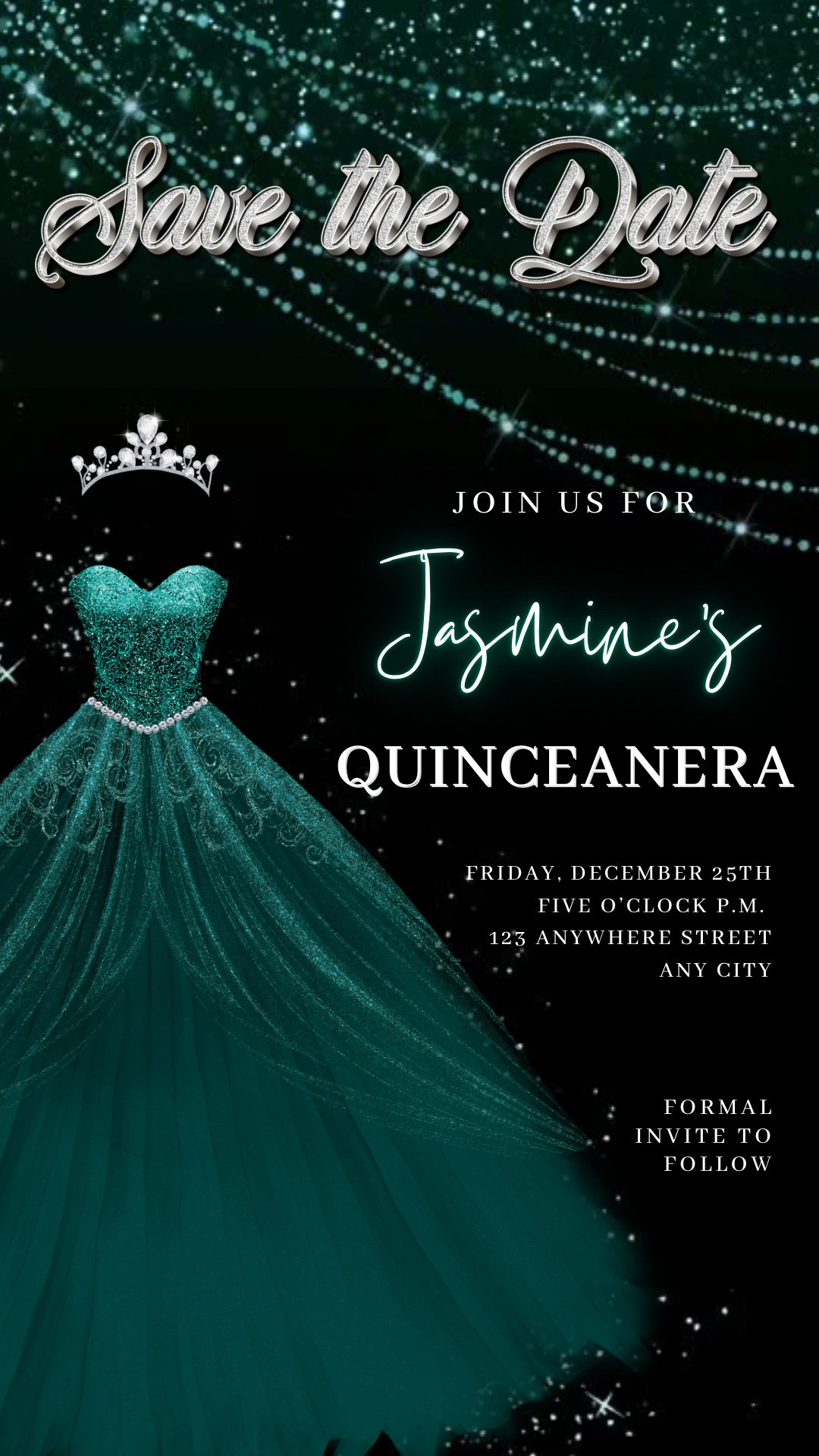 Teal Green Quinceanera Video Invite | Sweet 15 16 Quince RSVP Tracker | Editable Save the Date Canva Evite Template