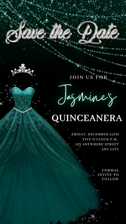 Teal Green Quinceanera Video Invite | Sweet 15 16 Quince RSVP Tracker | Editable Save the Date Canva Evite Template