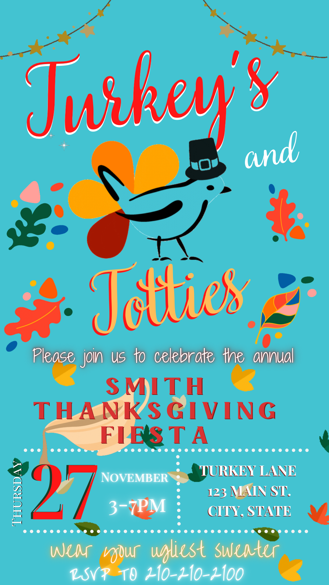 Message us anytime for support Editable Thanksgiving video invitation with autumn leaves and pumpkins, animated with music, mobile-friendly design, perfect for Friendsgiving dinner