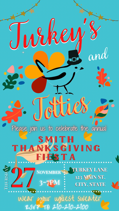 Message us anytime for support Editable Thanksgiving video invitation with autumn leaves and pumpkins, animated with music, mobile-friendly design, perfect for Friendsgiving dinner