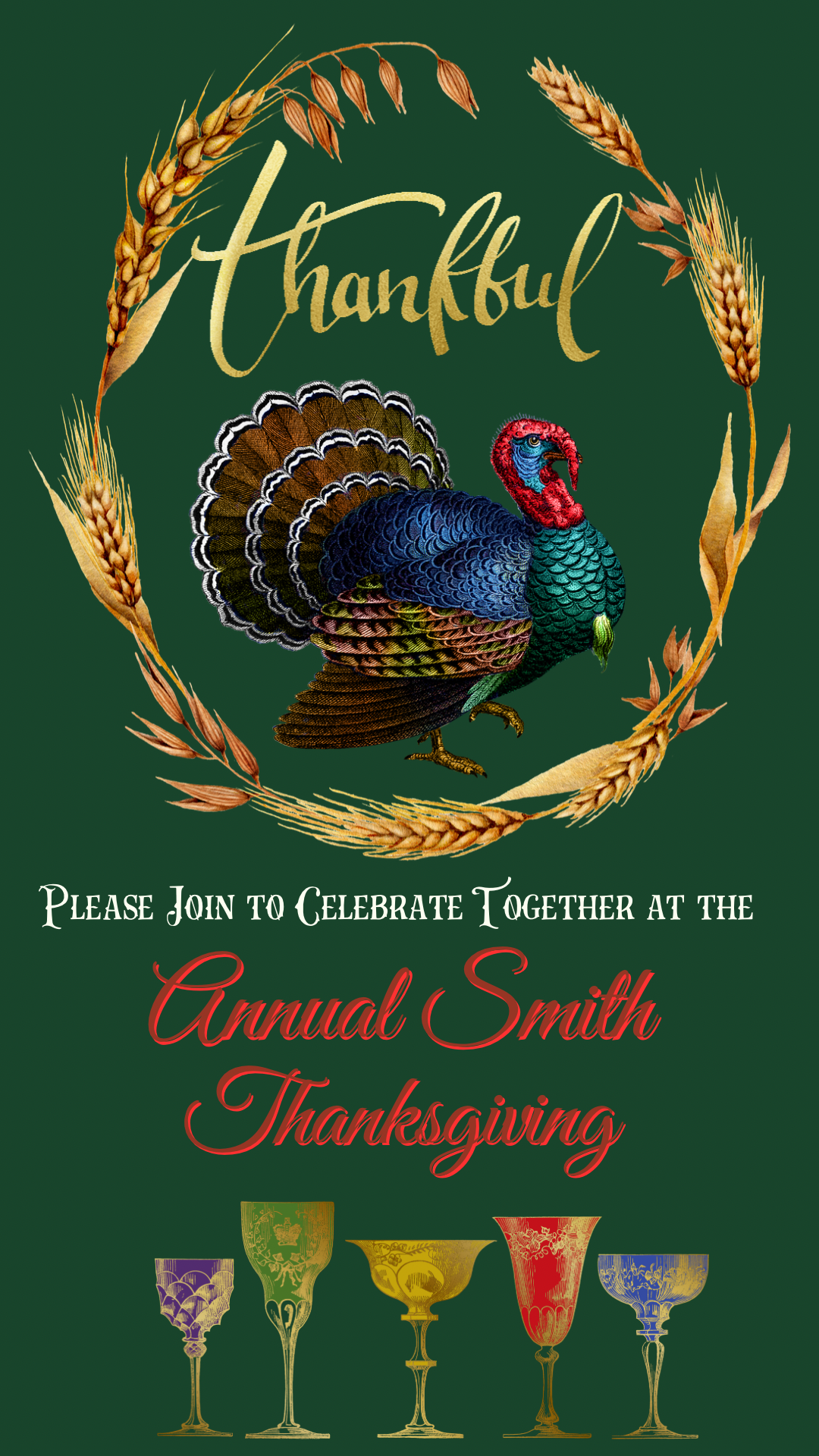 Thanksgiving Video Invitation with Menu | Vintage Turkey & Fall Glasses | Editable Animated Invite for Family Dinner Party