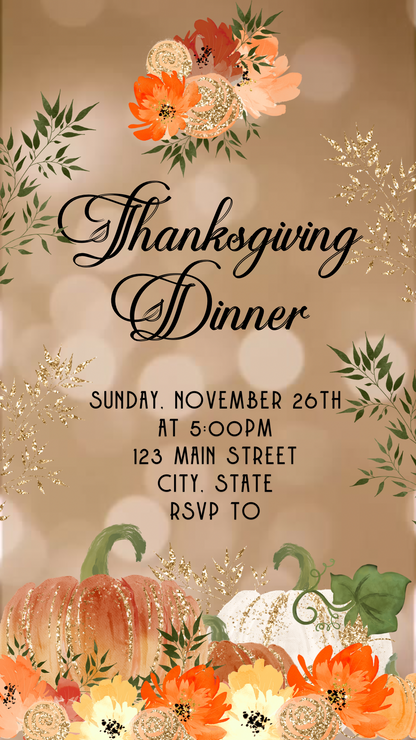 Editable Thanksgiving Video Invitation – Fall Gold Bokeh Evite - Animated Friendsgiving Digital Evite