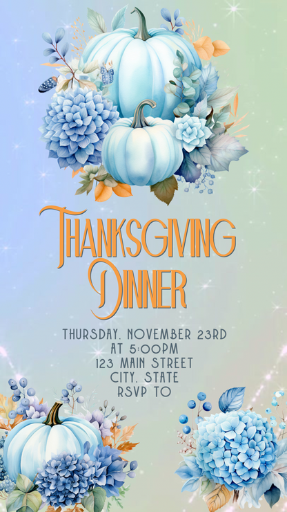 Editable Thanksgiving Video Invitation – Blue Floral Animated Friendsgiving Digital Evite