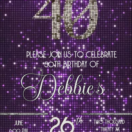 Editable purple glitter 40th birthday video invitation displayed on a mobile phone, featuring an animated vertical digital invite with music, created in Canva. This premium video invitation template is designed for sharing by text, email, and social media and works with an interactive RSVP website for easy guest response tracking.
