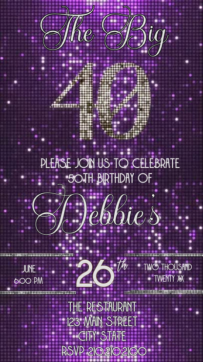 Editable purple glitter 40th birthday video invitation displayed on a mobile phone, featuring an animated vertical digital invite with music, created in Canva. This premium video invitation template is designed for sharing by text, email, and social media and works with an interactive RSVP website for easy guest response tracking.
