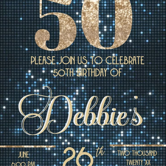 Editable baby blue shimmer 50th birthday video invitation displayed on a mobile phone, featuring an animated vertical digital invite with music, created in Canva. This premium video invitation template is designed for sharing by text, email, and social media and works with an interactive RSVP website for easy guest response tracking.