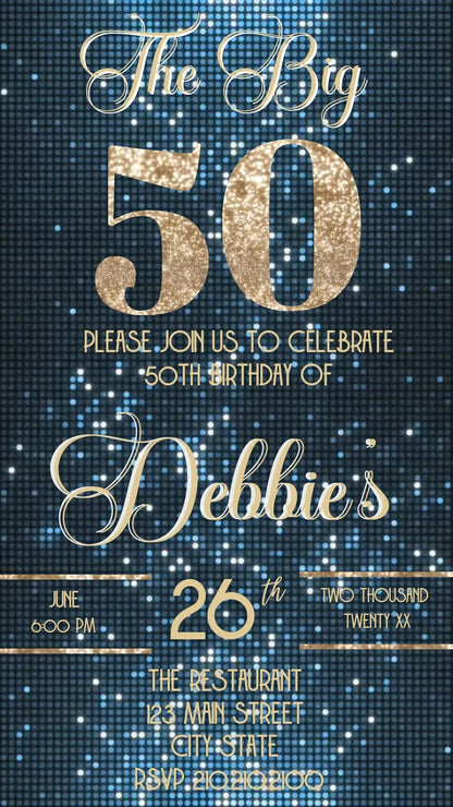 Editable baby blue shimmer 50th birthday video invitation displayed on a mobile phone, featuring an animated vertical digital invite with music, created in Canva. This premium video invitation template is designed for sharing by text, email, and social media and works with an interactive RSVP website for easy guest response tracking.
