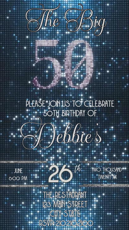 Editable blue glitter 50th birthday video invitation displayed on a mobile phone, featuring an animated vertical digital invite with music, created in Canva. This premium video invitation template is designed for sharing by text, email, and social media and works with an interactive RSVP website for easy guest response tracking.