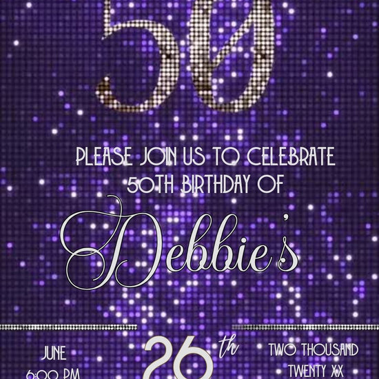 Editable purple sequin 50th birthday video invitation displayed on a mobile phone, featuring an animated vertical digital invite with music, created in Canva. This premium video invitation template is designed for sharing by text, email, and social media and works with an interactive RSVP website for easy guest response tracking.
