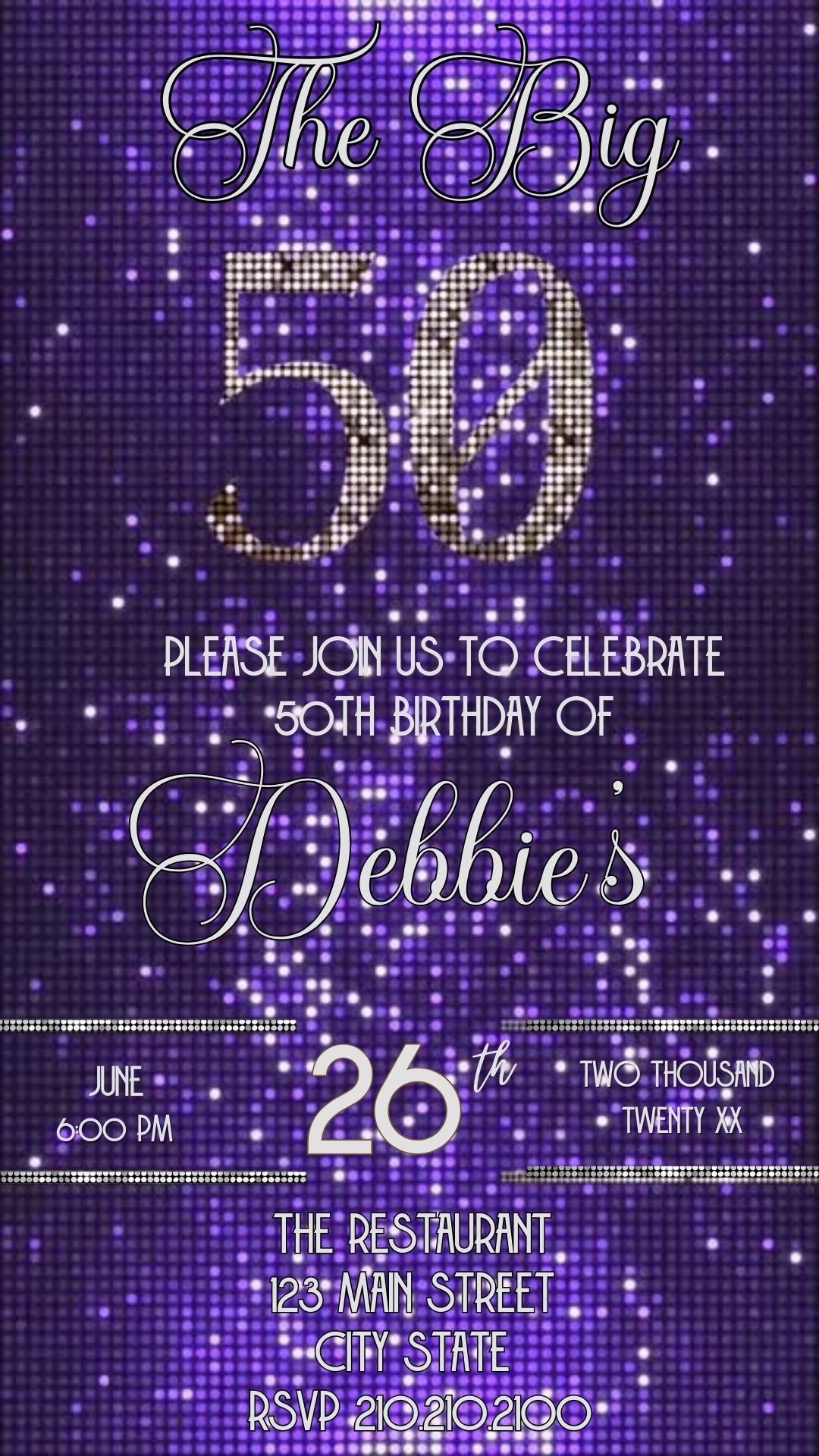 Editable purple sequin 50th birthday video invitation displayed on a mobile phone, featuring an animated vertical digital invite with music, created in Canva. This premium video invitation template is designed for sharing by text, email, and social media and works with an interactive RSVP website for easy guest response tracking.