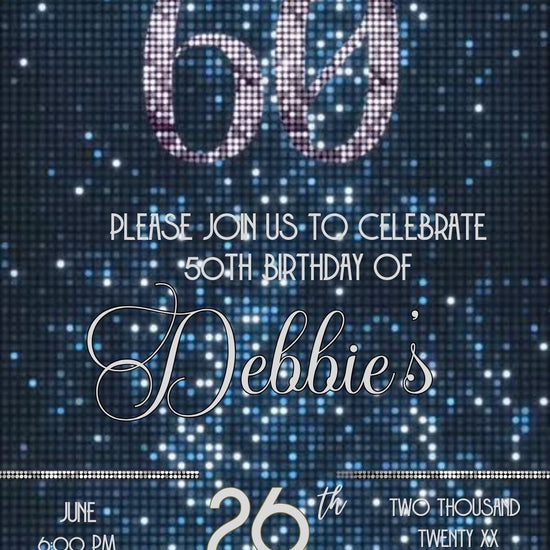 Editable blue sequin 60th birthday video invitation displayed on a mobile phone, featuring an animated vertical digital invite with music, created in Canva. This premium video invitation template is designed for sharing by text, email, and social media and works with an interactive RSVP website for easy guest response tracking.
