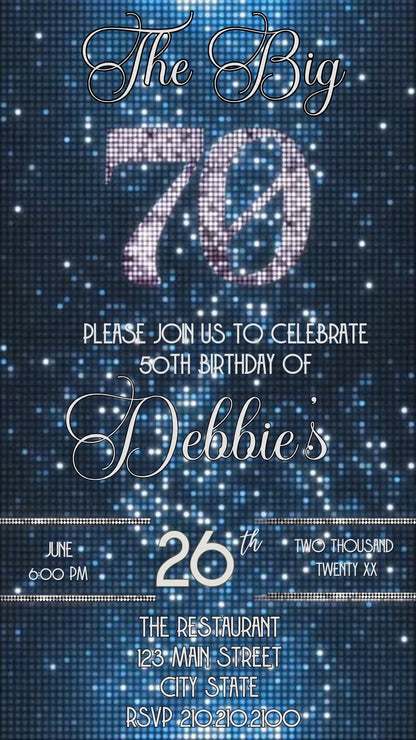 Editable blue sequin 70th birthday video invitation displayed on a mobile phone, featuring an animated vertical digital invite with music, created in Canva. This premium video invitation template is designed for sharing by text, email, and social media and works with an interactive RSVP website for easy guest response tracking.