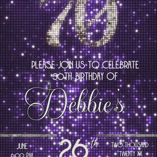 Editable purple sequin 70th birthday video invitation displayed on a mobile phone, featuring an animated vertical digital invite with music, created in Canva. This premium video invitation template is designed for sharing by text, email, and social media and works with an interactive RSVP website for easy guest response tracking.