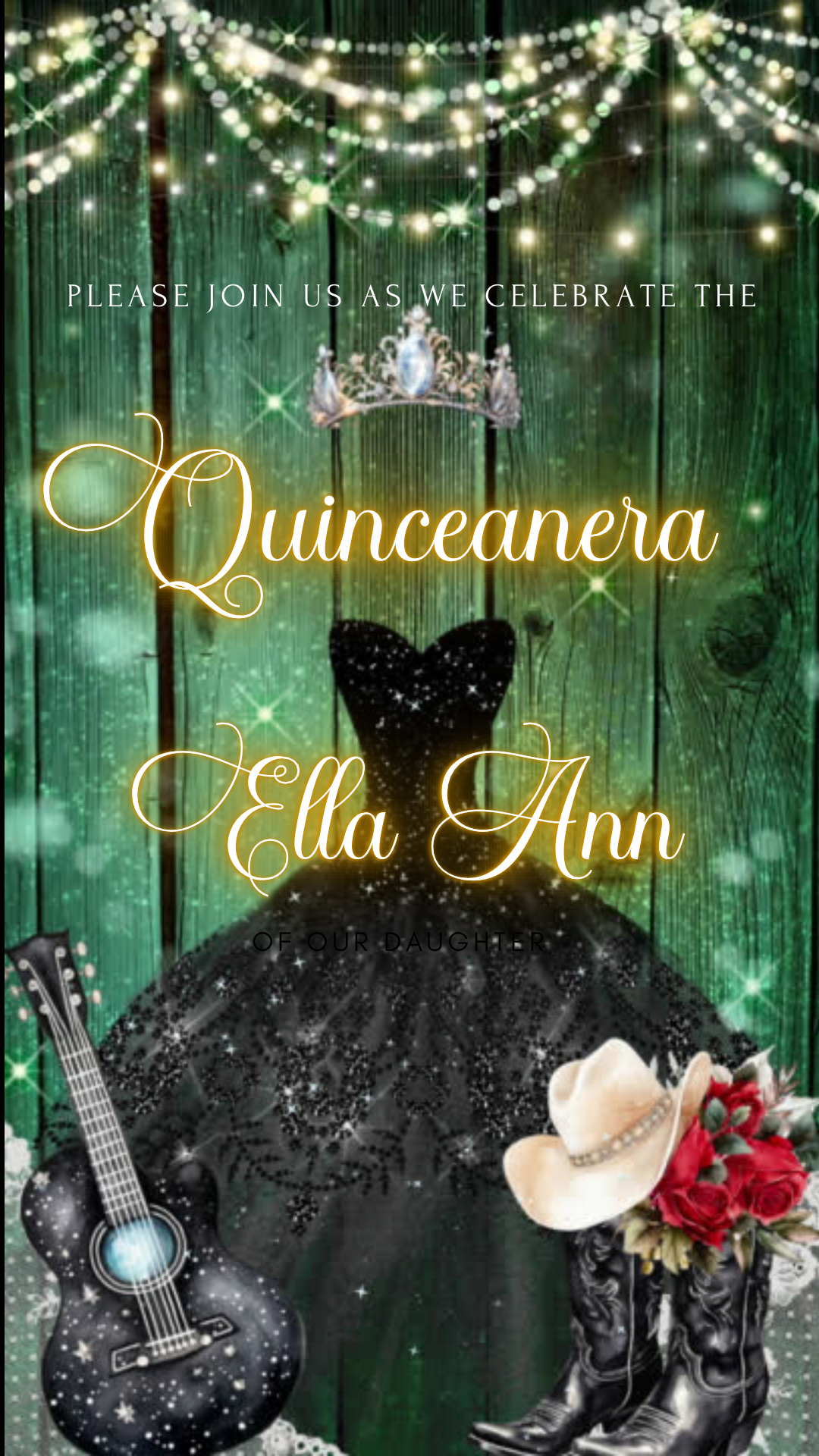 Editable Quinceañera Invitation Video Template – Elegant Sweet 15 with Black Gown, Rose Accents, Tiara and Green Barn Wood Background | Canva MP4 Digital Download for Mobile Sharing
